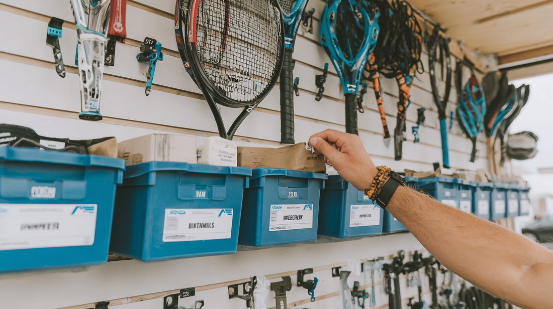 British garage with an adjustable wall-mounted track system, hooks, brackets, and labelled storage bins, maximising vertical space.