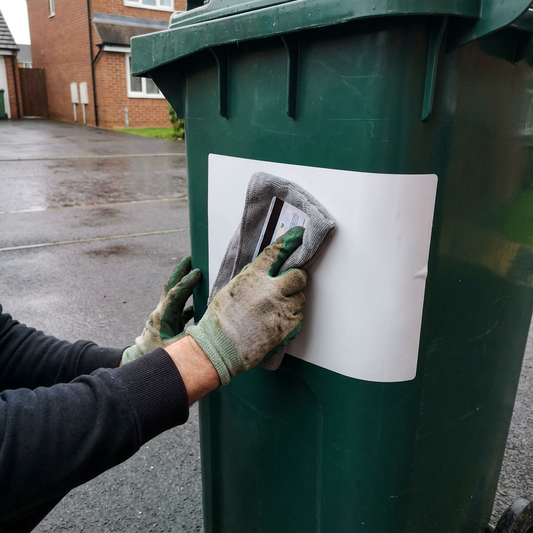 Person applying a wheelie bin sticker smoothly using a plastic card to avoid bubbles.