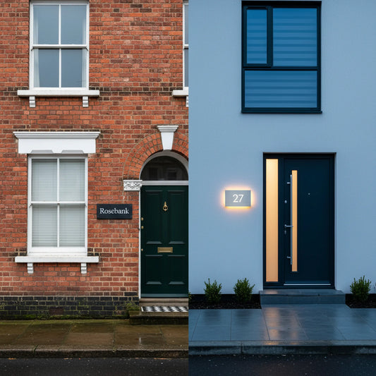 Side-by-side UK house fronts comparing a traditional slate sign on brick with a modern brushed aluminium LED design.
