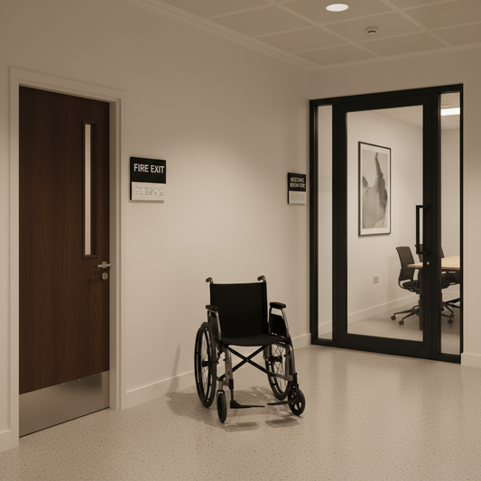 Inclusive UK corridor showing BS 8300-compliant door signs with tactile and braille lettering mounted at 1500 mm.