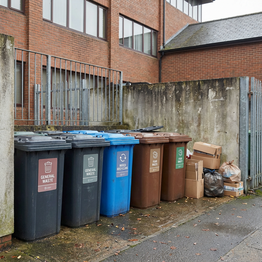 Commercial wheelie bins with clear business waste stickers in a UK setting.