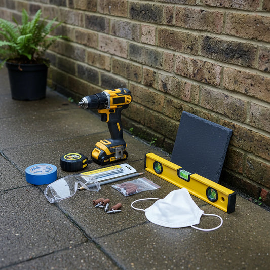 Essential DIY tools and safety gear laid out beside a UK brick wall ready for a house sign installation.