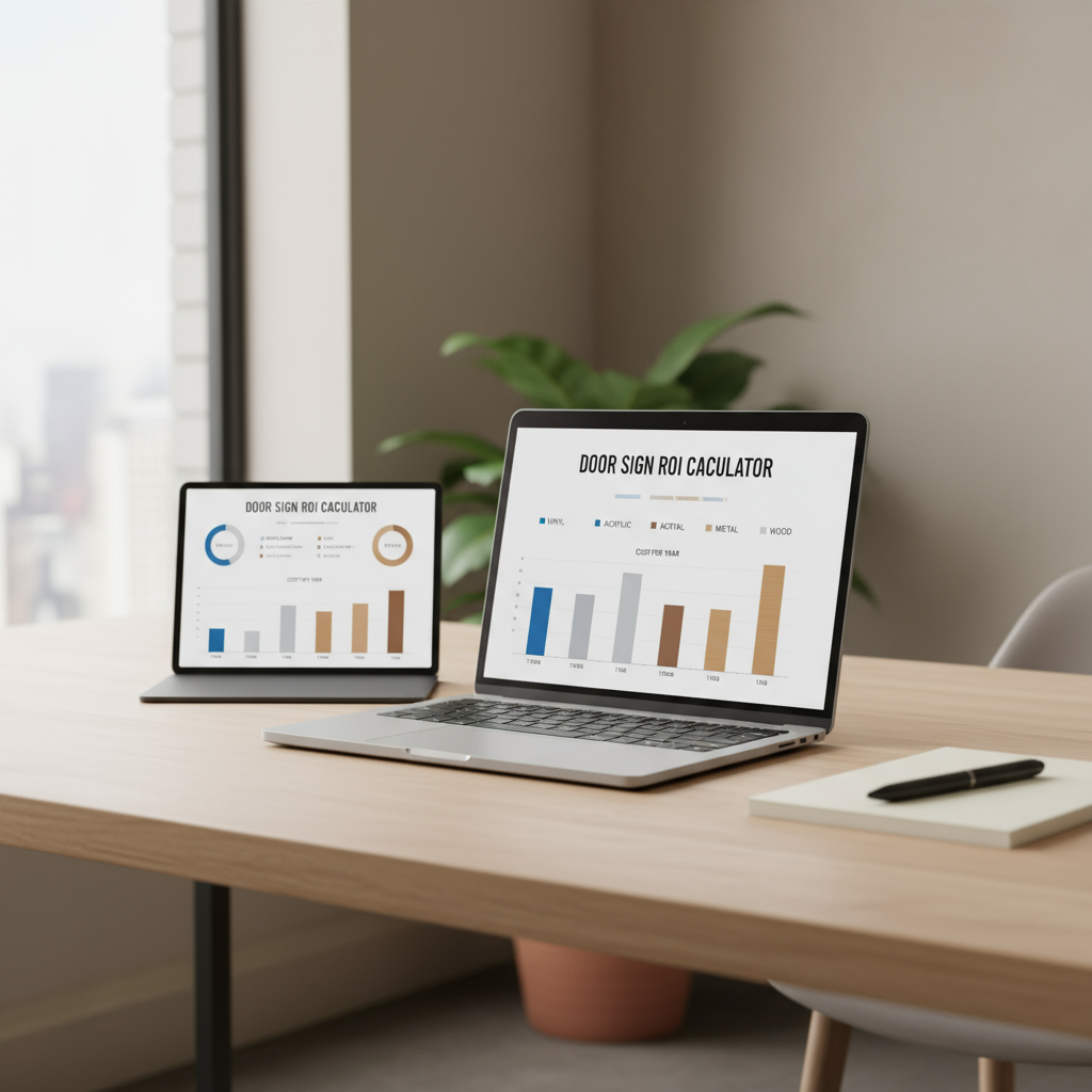 ROI calculator interface comparing vinyl, acrylic, metal, and wood door sign costs over 3, 5, and 10 years.
