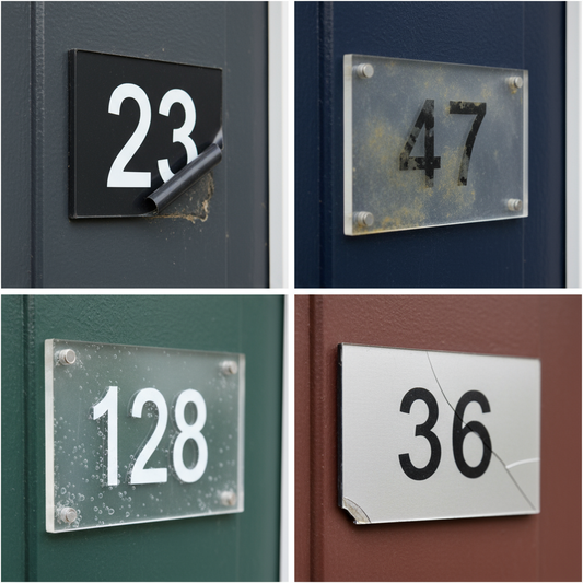 Editorial collage showing peeling, fading, bubbling, and chipped door signs — common maintenance problems in UK conditions.