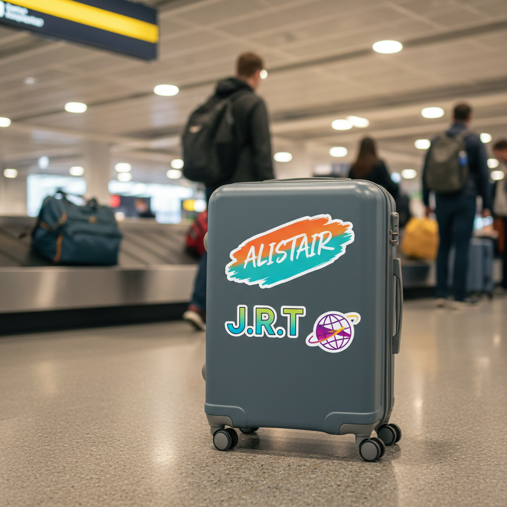 Modern suitcase at an airport carousel with personalised name and travel stickers on the front.