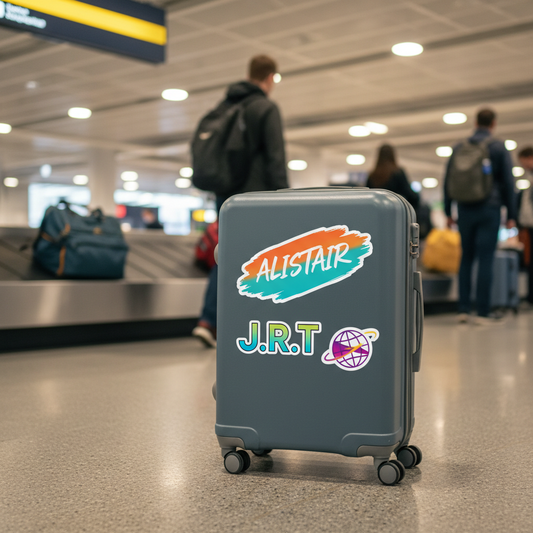 Modern suitcase at an airport carousel with personalised name and travel stickers on the front.