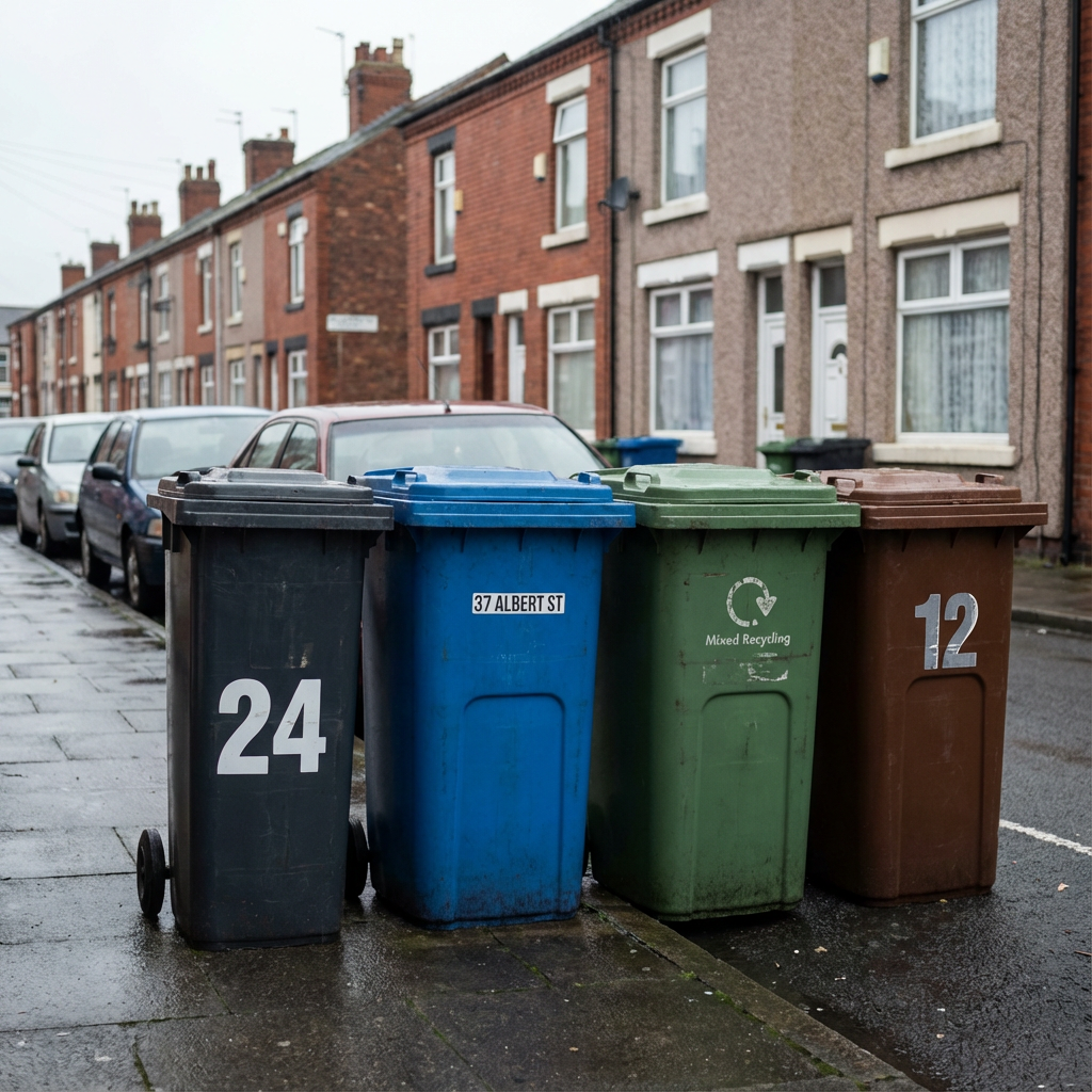 Row of UK wheelie bins with personalised number and recycling stickers on a residential street.