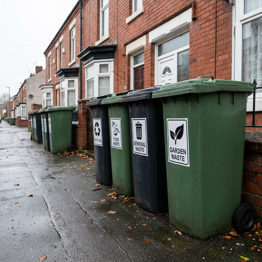 Clear recycling bin labels on UK wheelie bins preventing contamination and missed collections.
