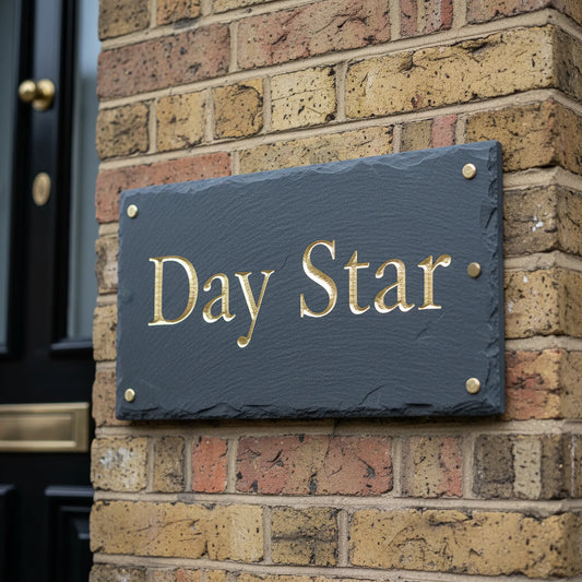 Welsh slate house sign with gold-leaf infill and bevelled edges mounted on a British brick wall.