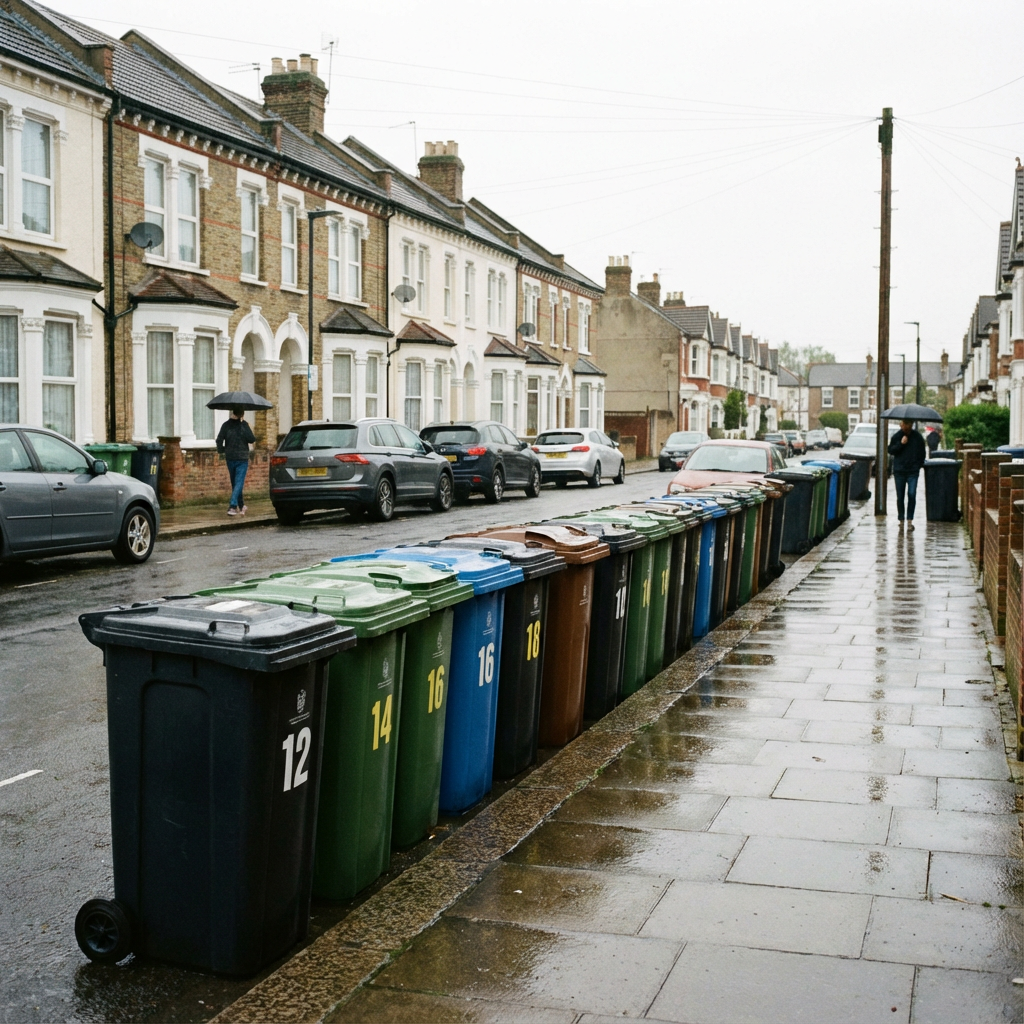 Wheelie bins lined up on a UK street with clear number stickers for council collection.