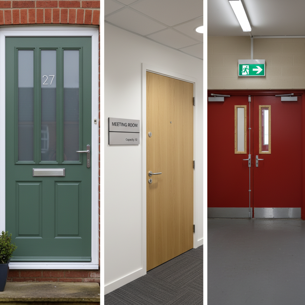 Residential, office and safety door signs displayed on real UK properties
