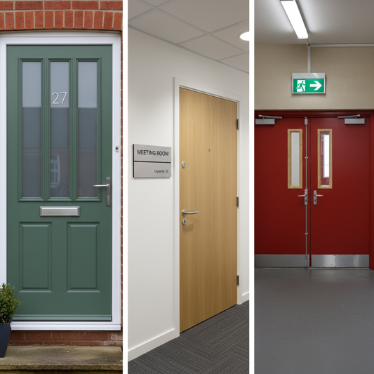 Residential, office and safety door signs displayed on real UK properties