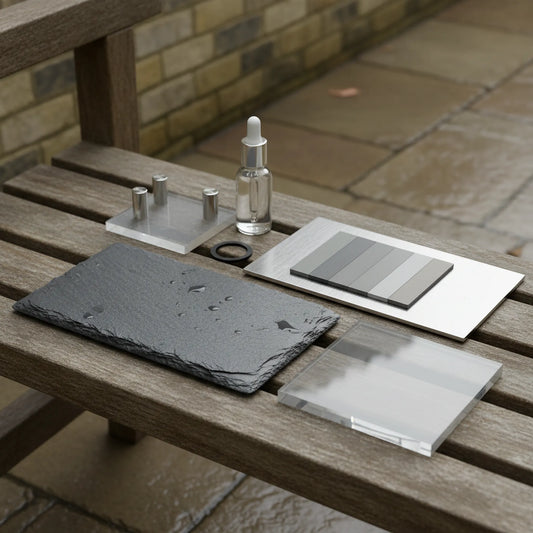 Weather-resistant house sign materials—Welsh slate, 316L stainless, powder-coated aluminium and UV-stable polymer—arranged for UK climate durability.