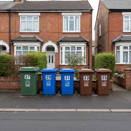 Row of UK wheelie bins on a residential street, each with clear house number and recycling stickers.