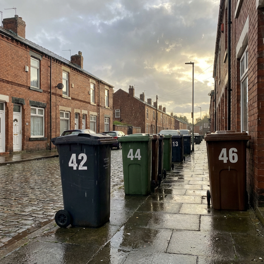 Wheelie bin stickers exposed to rain and sunlight on a UK residential street.