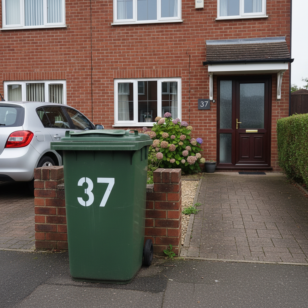 Wheelie bin number beside a house number plaque showing the difference in how each is used.