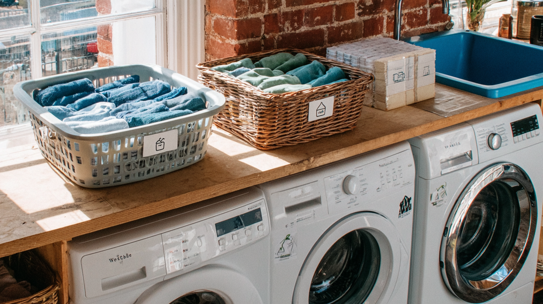 British laundry room with labelled zones for Sorting, Pre-Treat, Wash, Dry and Fold, arranged for maximum efficiency.