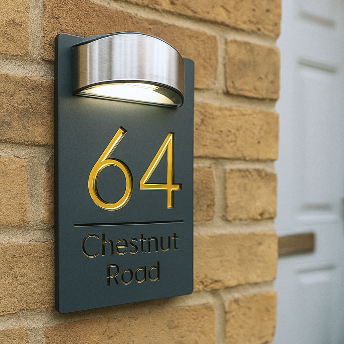 Luxury solar LED house sign on a brick wall: gold mirrored number 64 and Chestnut Road on matt grey, with the solar light on top