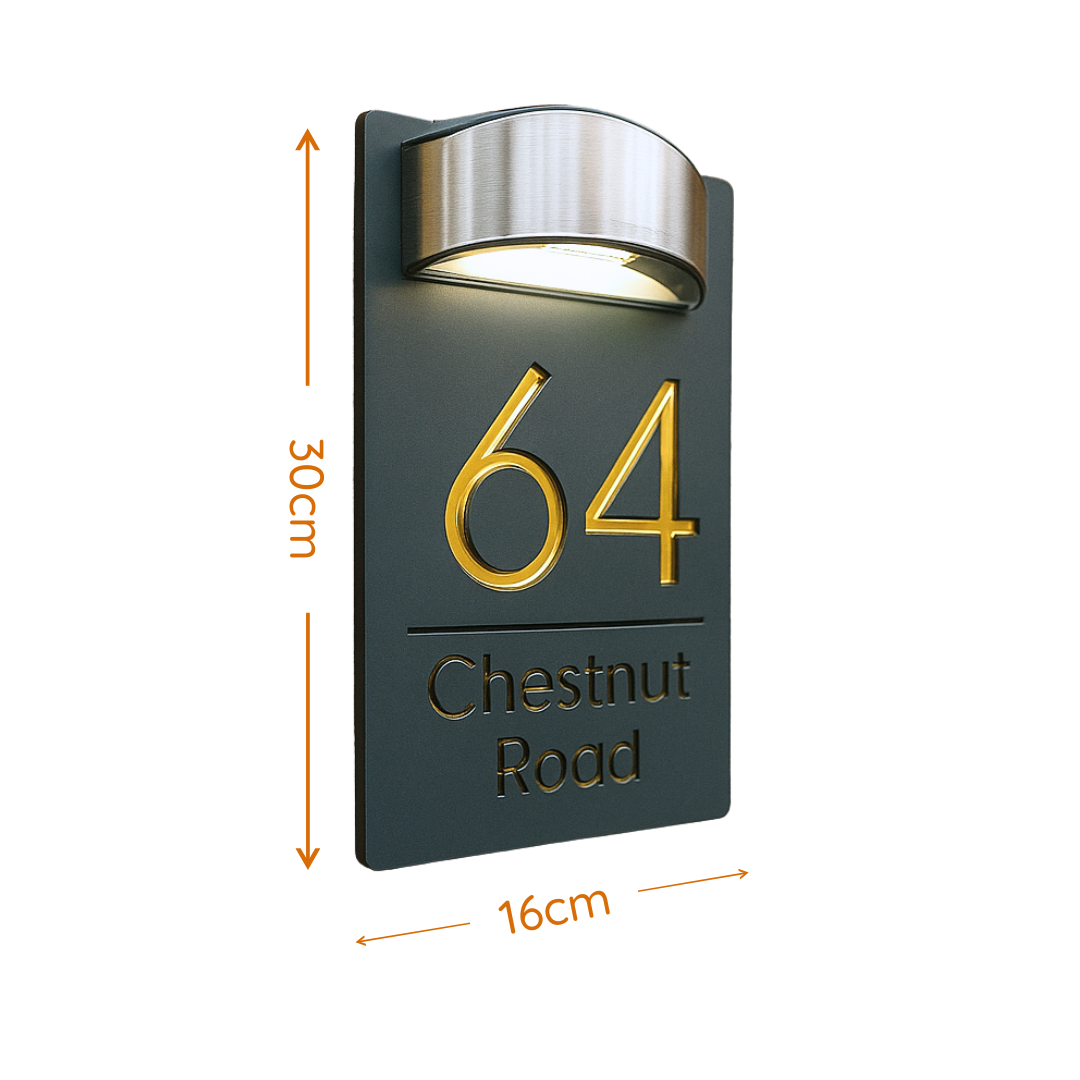Size guide: the luxury solar LED house sign is 30cm tall and 16cm wide