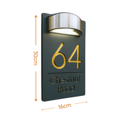 Size guide: the luxury solar LED house sign is 30cm tall and 16cm wide