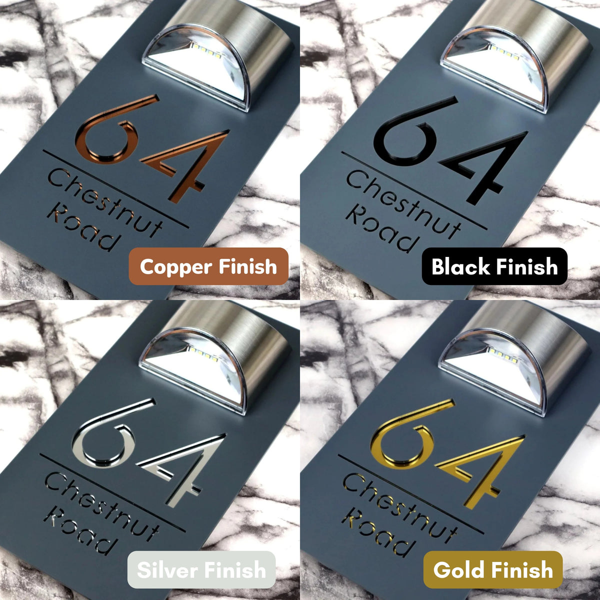 The four lettering finishes side by side: copper, gloss black, silver and gold on a matt grey solar LED house sign