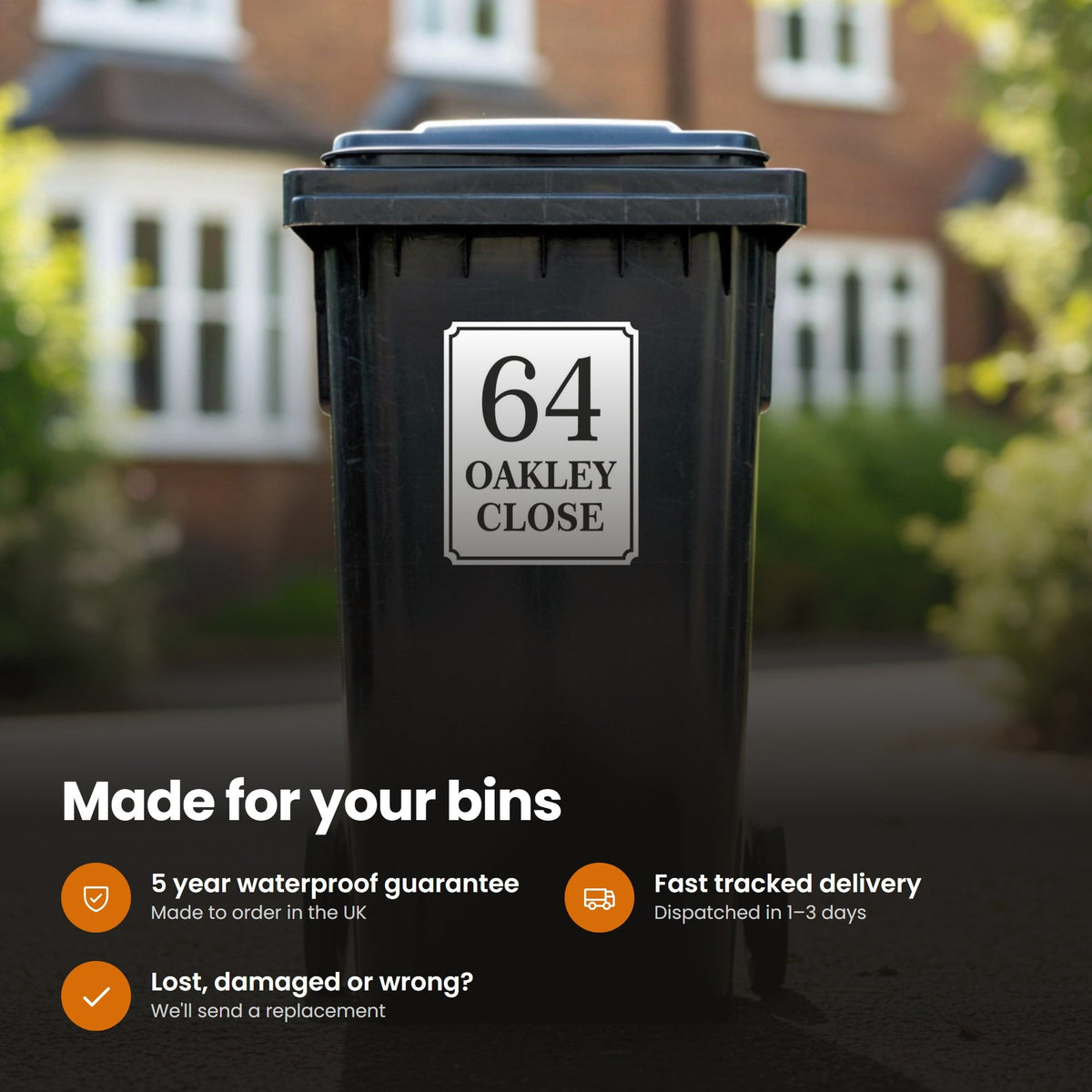 Custom Wheelie Bin Stickers | Waterproof Bin Number Labels: features and delivery