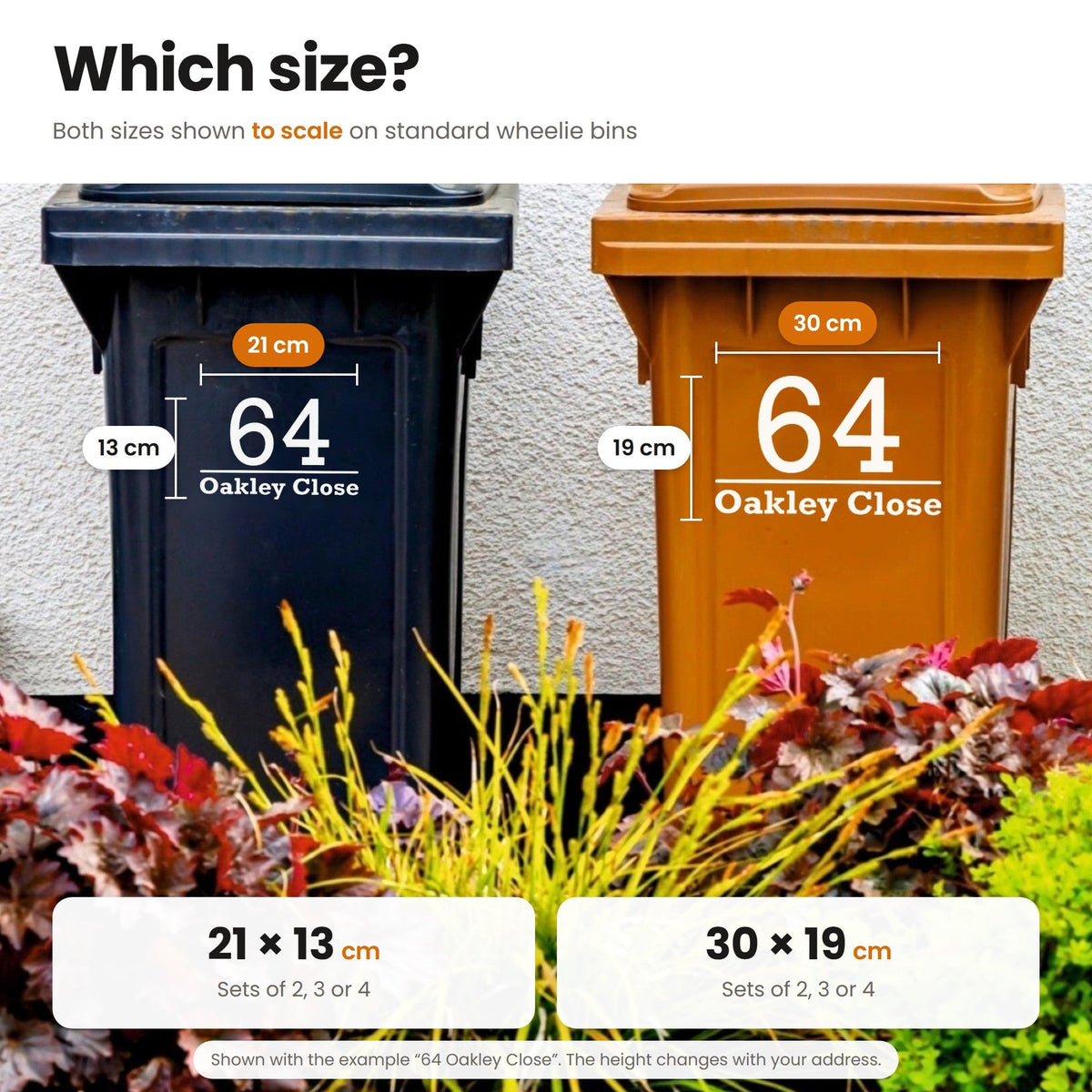 Classic Wheelie Bin Stickers | Bold Font size guide: both sizes shown to scale on wheelie bins