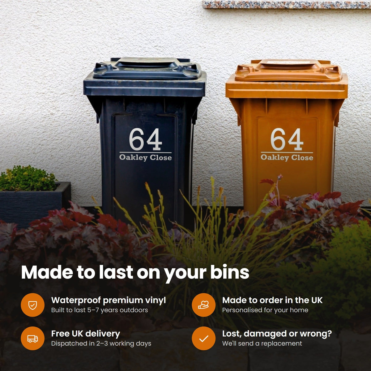 Classic Wheelie Bin Stickers | Bold Font: features and delivery