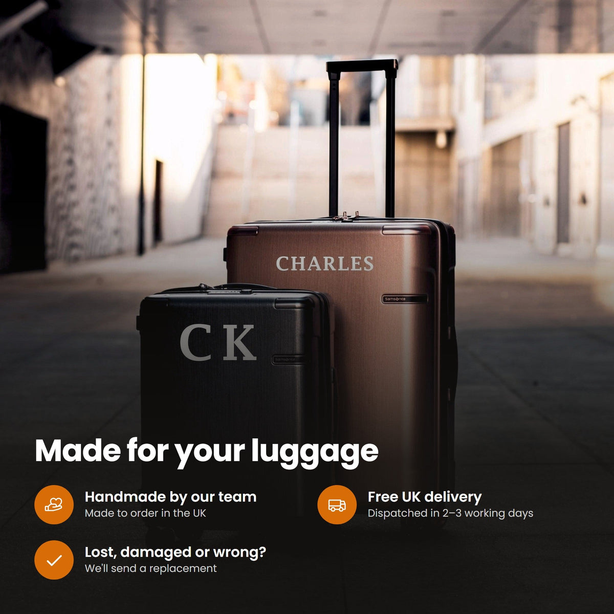 Personalised Luggage & Suitcase Stickers | Modern Font: features and delivery
