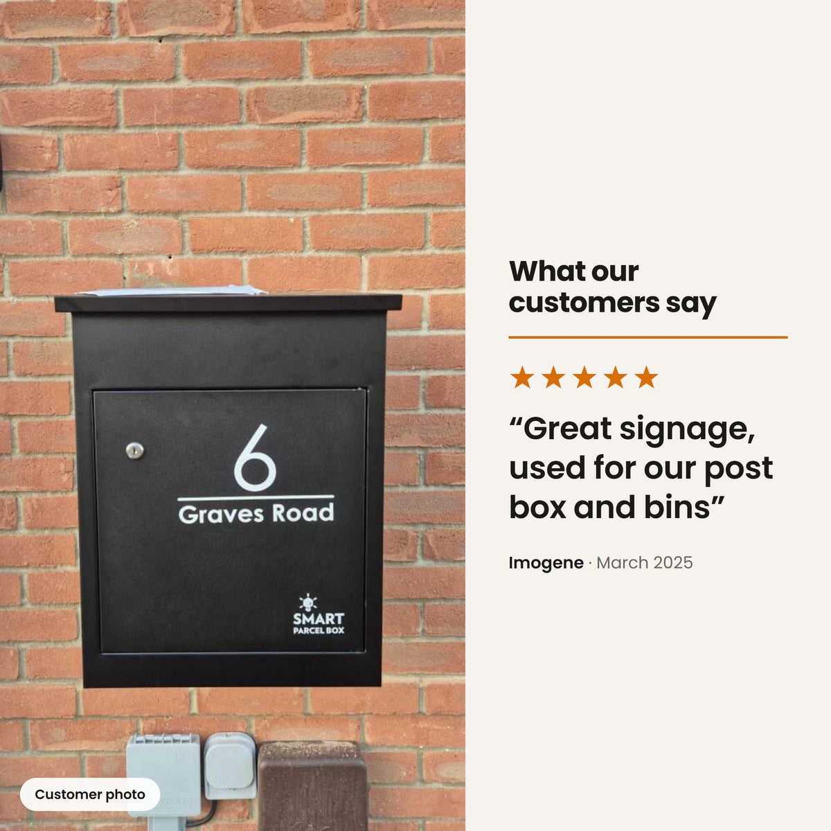 Customer photo and 5 star review of Personalised Postbox Stickers | Modern Font