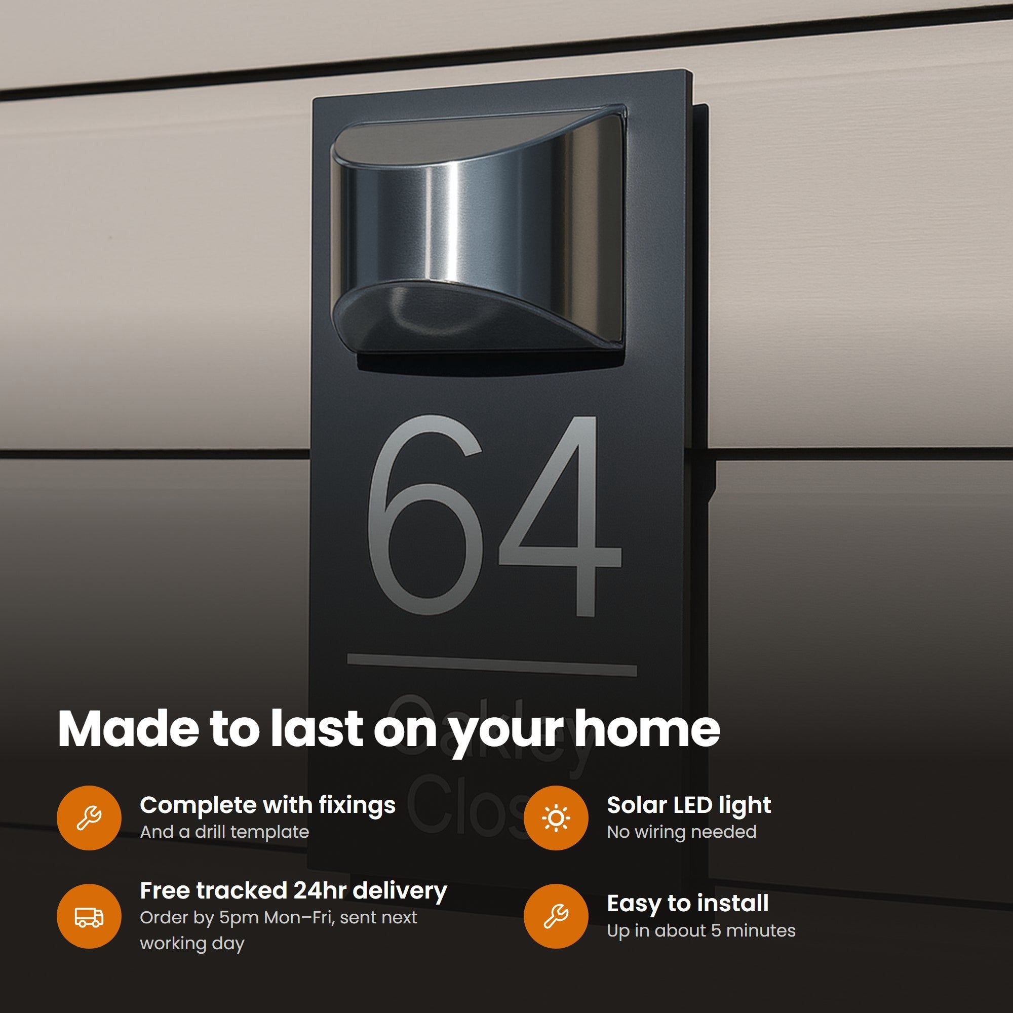 Modern SOLAR LED House Sign | 16x28cm | Matt Grey Finish: features and delivery