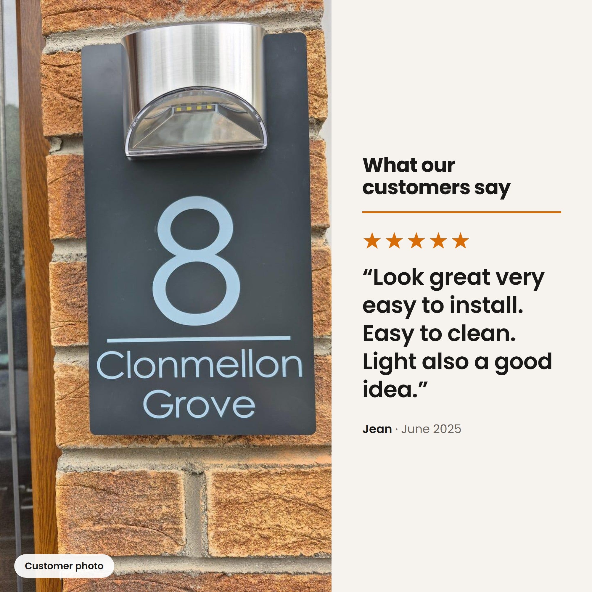 Customer photo and 5 star review of Modern SOLAR LED House Sign | 16x28cm | Matt Grey Finish