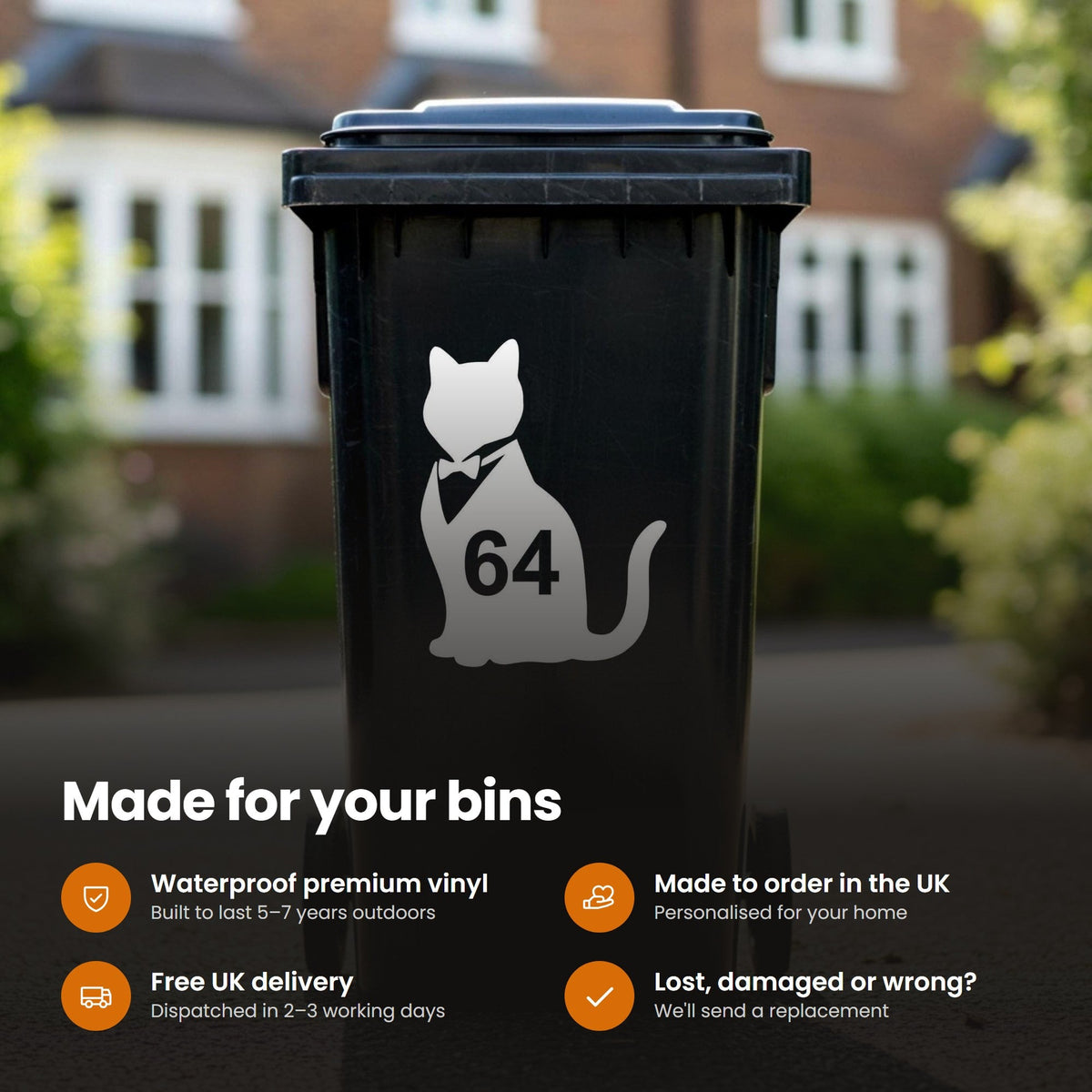 Custom Cat Wheelie Bin Stickers | Cat Silhouette House Number Decals: features and delivery