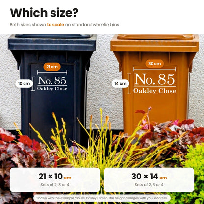 Modern Wheelie Bin Stickers | Traditional Font size guide: both sizes shown to scale on wheelie bins