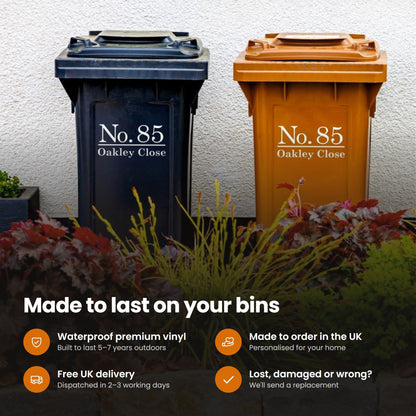 Modern Wheelie Bin Stickers | Traditional Font: features and delivery
