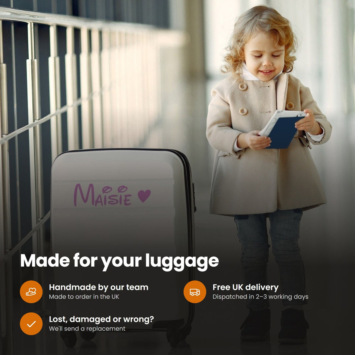 Personalised Luggage & Suitcase Stickers | Kids Font: features and delivery