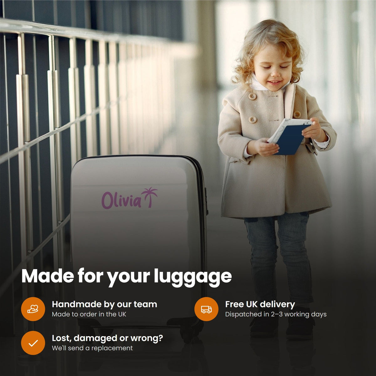 Personalised Luggage & Suitcase Stickers | Kids Font With Palm Tree: features and delivery