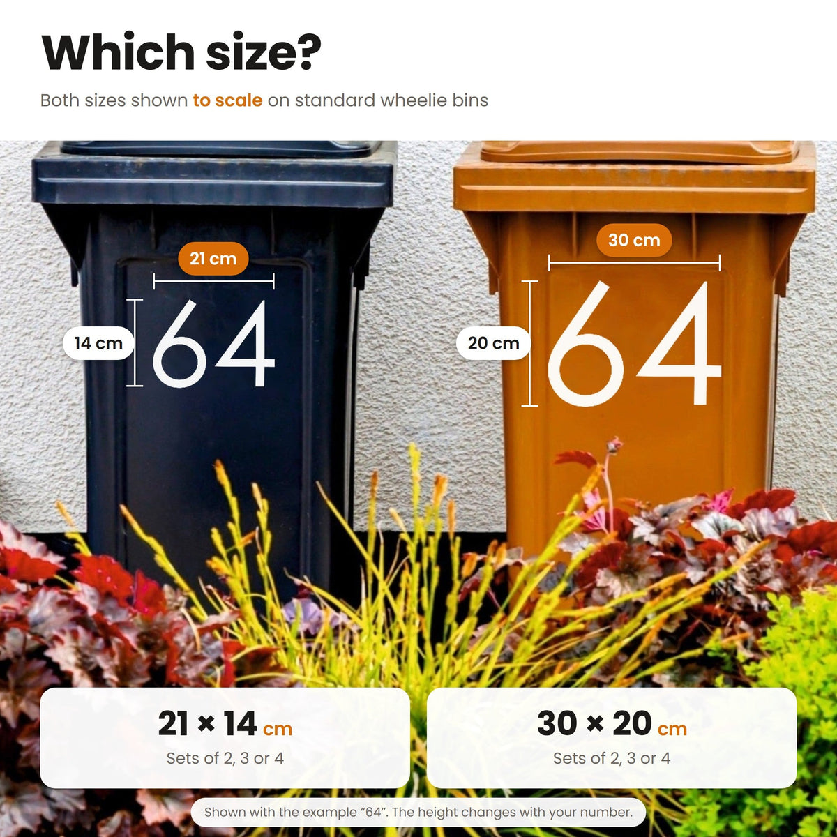 Wheelie Bin Numbers | Modern Font size guide: both sizes shown to scale on wheelie bins