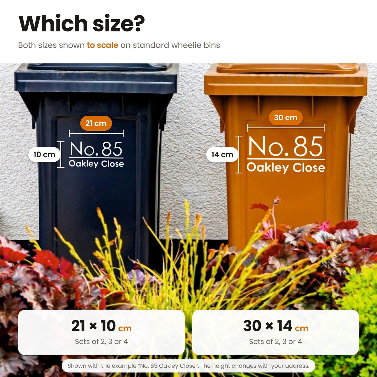 Modern Wheelie Bin Stickers | Modern Font size guide: both sizes shown to scale on wheelie bins