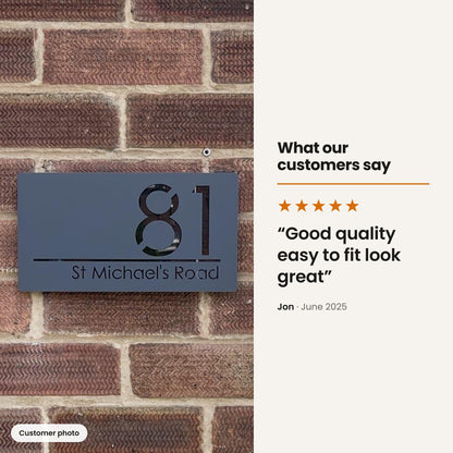 Customer photo and 5 star review of Modern Anthracite Grey House Sign | 28x14cm