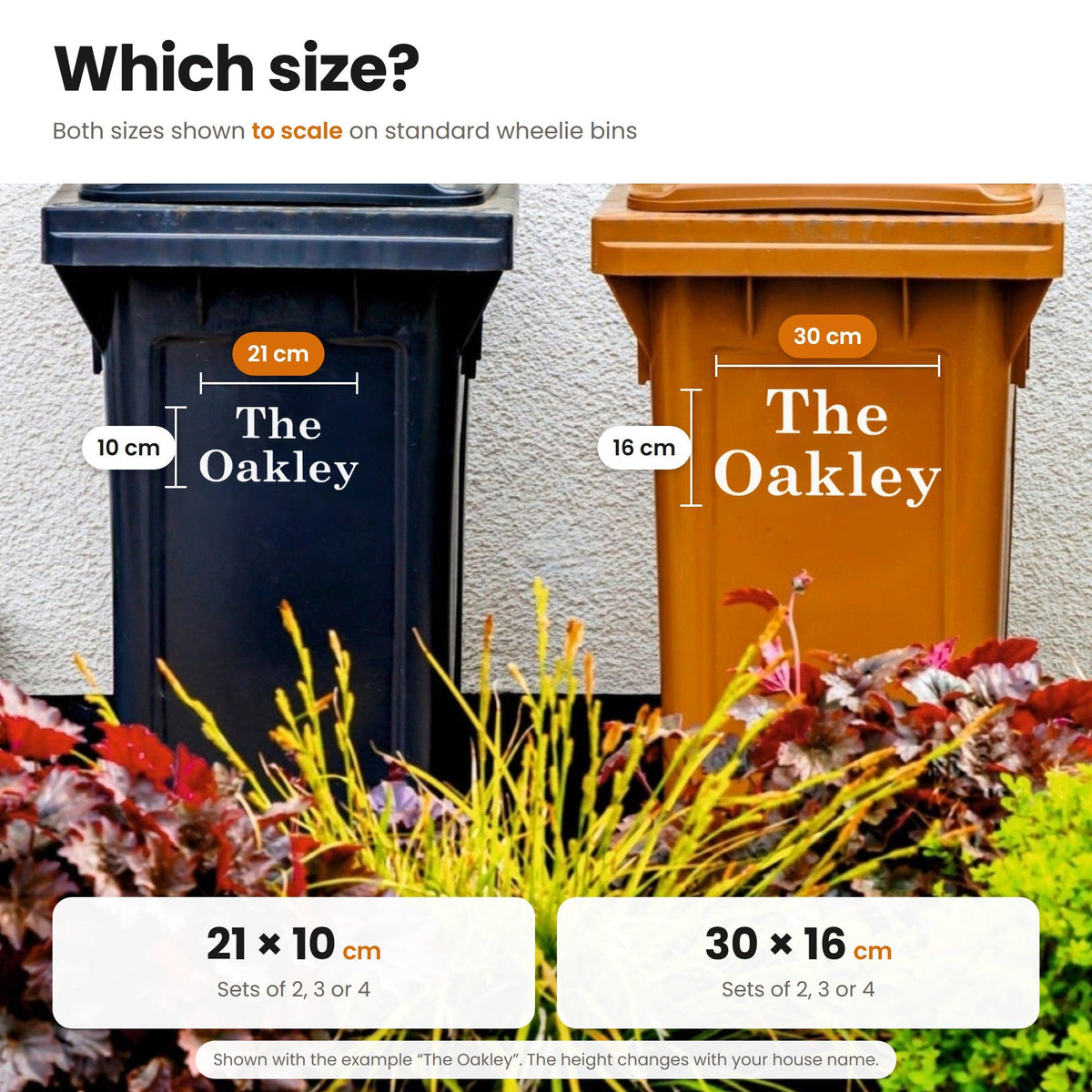 House Name Wheelie Bin Stickers | Traditional Font size guide: both sizes shown to scale on wheelie bins