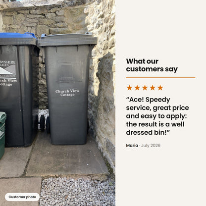 Customer photo and 5 star review of House Name Wheelie Bin Stickers | Traditional Font