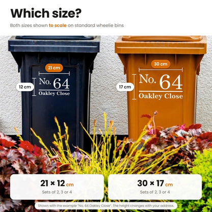 House Number & Address Wheelie Bin Stickers | Traditional Font size guide: both sizes shown to scale on wheelie bins