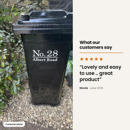Customer photo and 5 star review of House Number & Address Wheelie Bin Stickers | Traditional Font