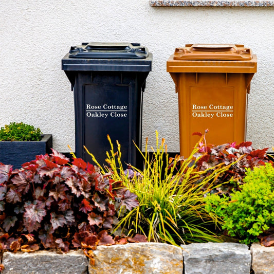 House & Street Name Wheelie Bin Sticker | Traditional Font - Capital Letter Signs