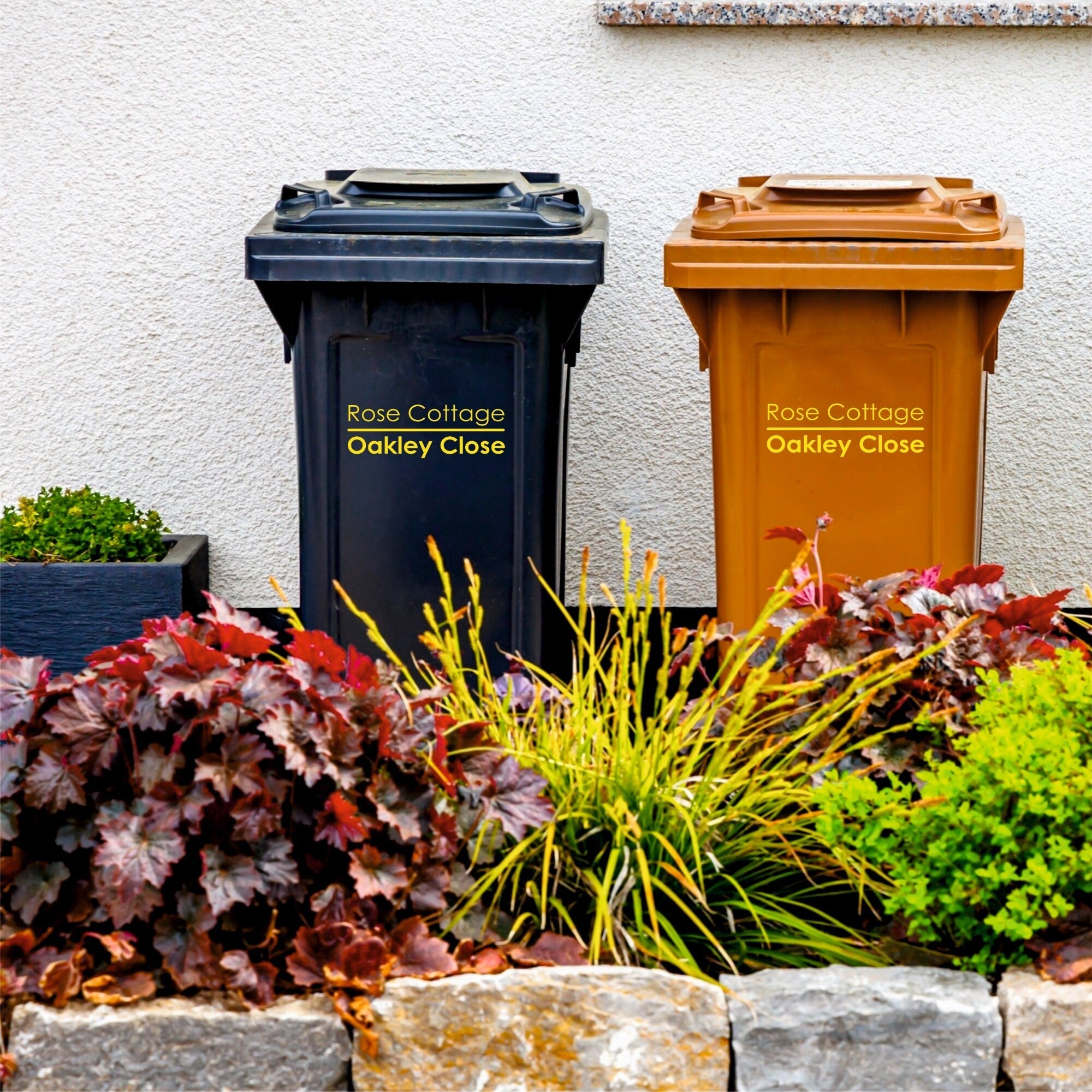 House & Street Name Wheelie Bin Stickers | Modern Font - Capital Letter Signs