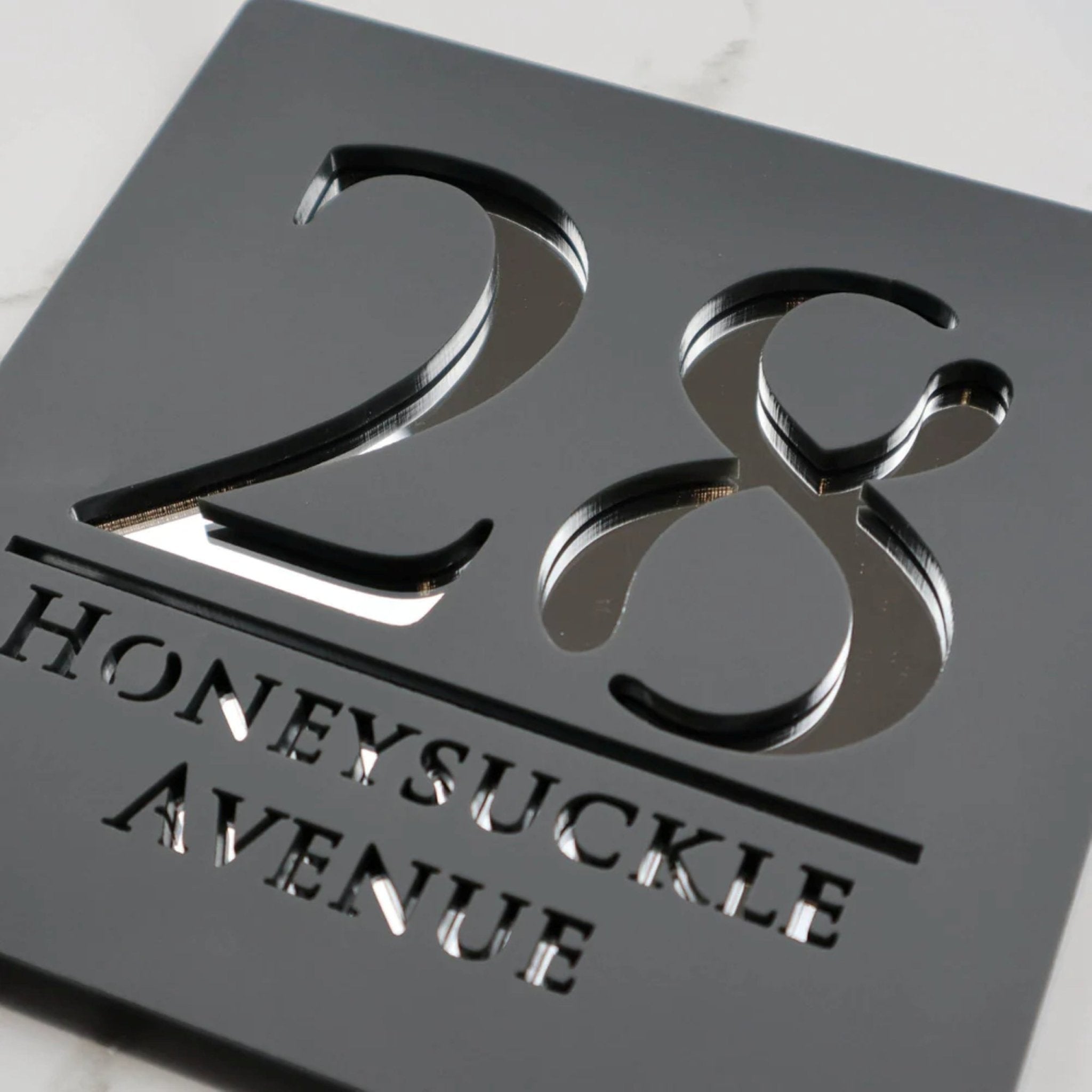 Luxury Mirrored Text House Sign | 18x18cm | Matt Grey Finish Text Colour