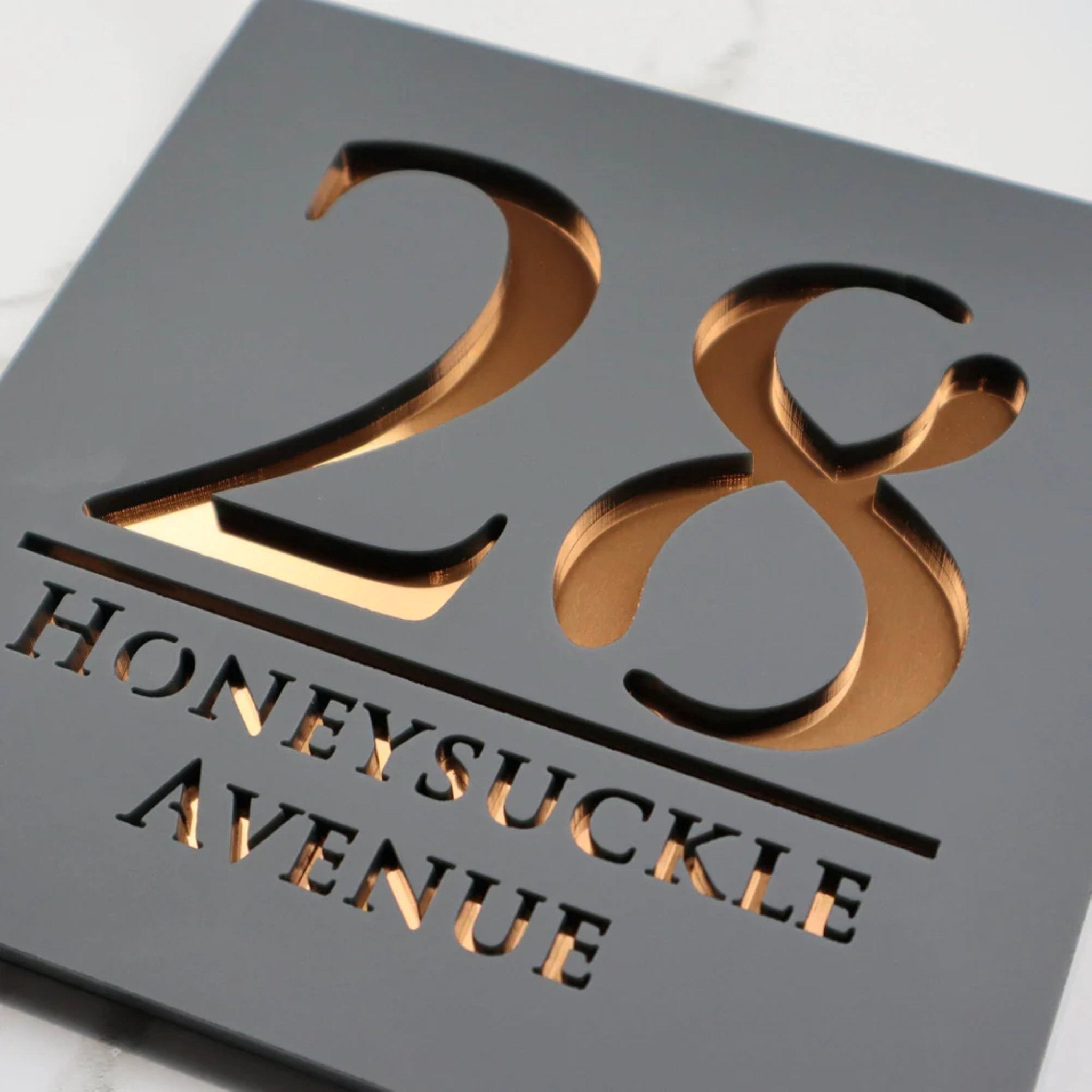 Luxury Mirrored Text House Sign | 18x18cm | Matt Grey Finish Text Colour