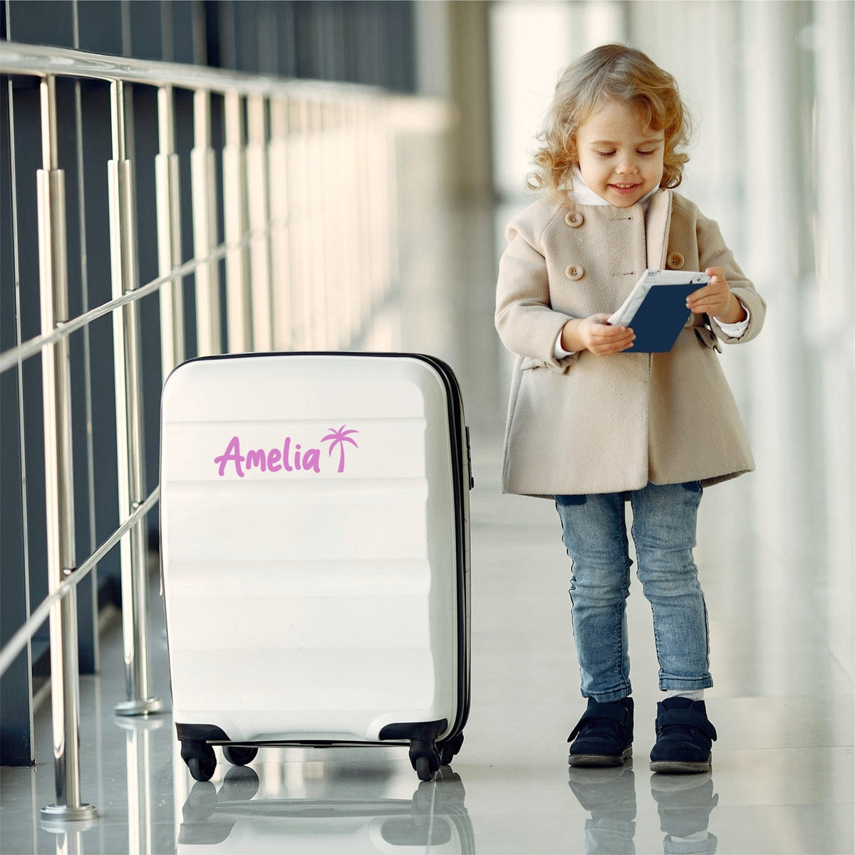Personalised Luggage & Suitcase Stickers | Kids Font With Palm Tree - Capital Letter Signs